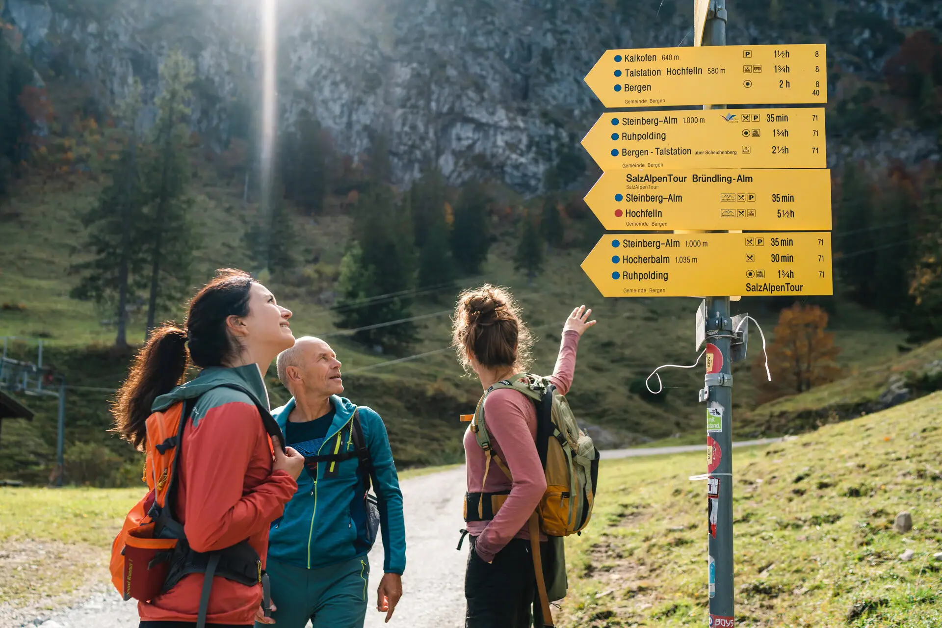 Wandern in Ruhpolding Eine Gruppe von Menschen betrachtet ein Schild.