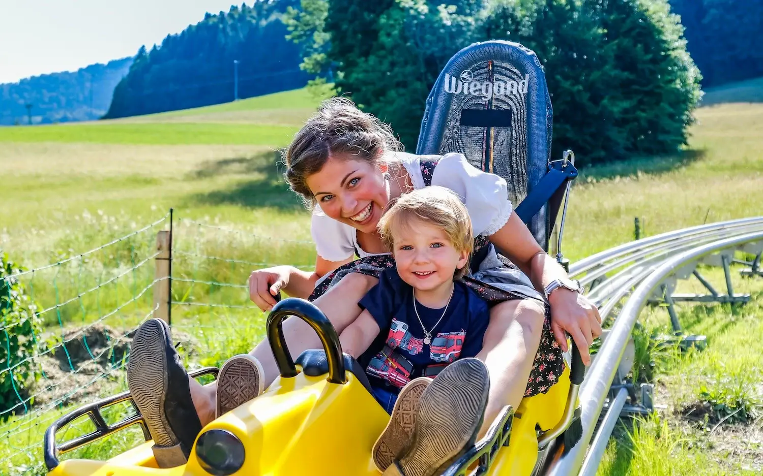 Eine Mutternd ihr fröhliches Kind sitzen gemeinsam in einem gelben Schlitten auf einer Sommerrodelbahn, umgeben von grünen Wiesen und Wald.