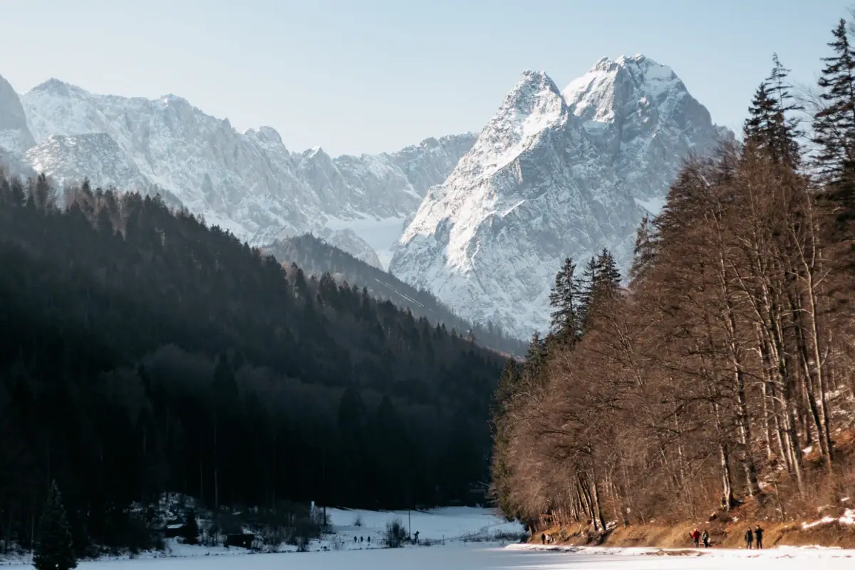 Ein See umgeben von Schnee und Bäumen.