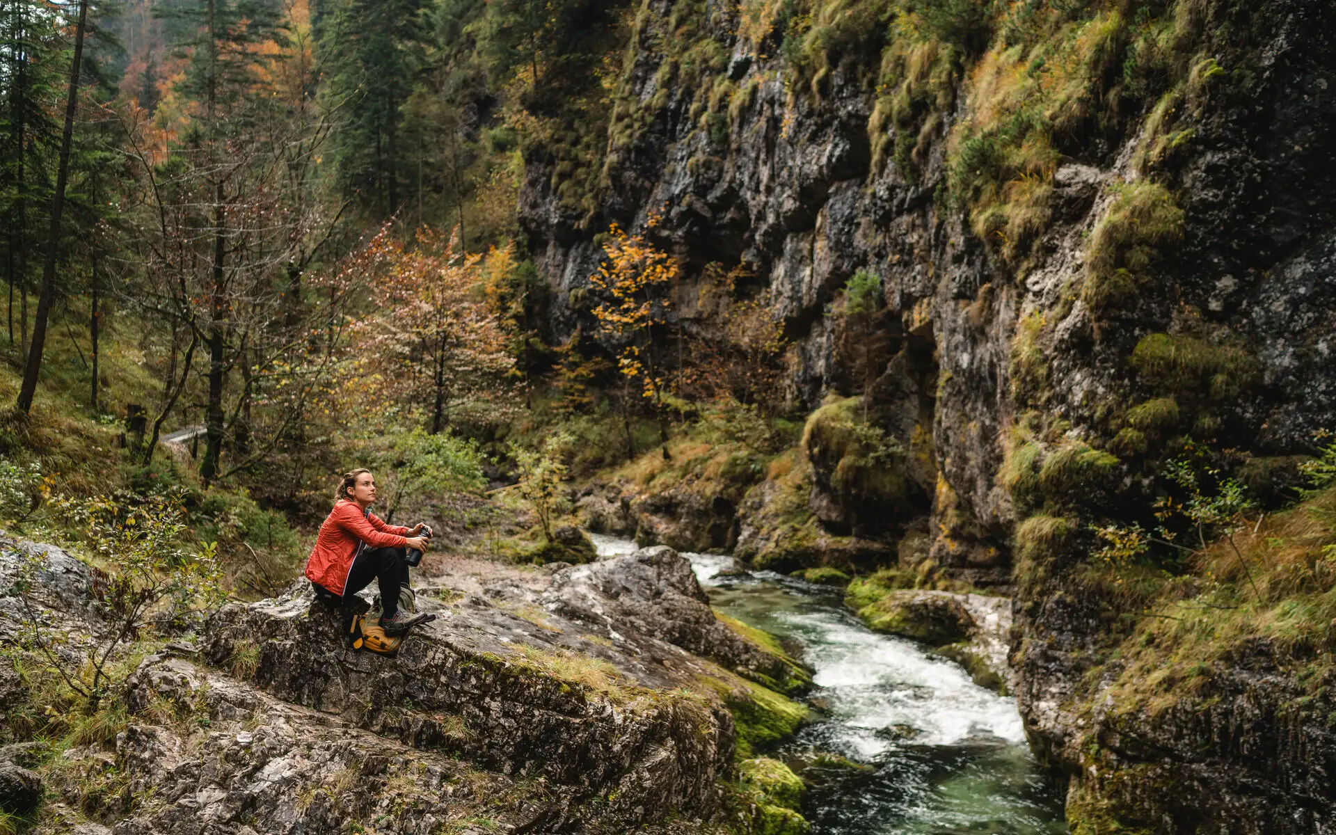 Eine Frau sitzt auf Felsen in der Natur bei einem Bach. Die Steine sind mit Moos bewachsen und die Bäume im Hintergrund sind in herbstliche Farben getaucht. 