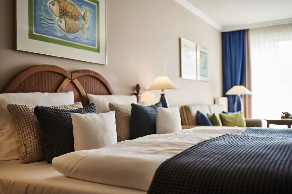 Ein Bett mit Kissen und Lampen in einem Raum.