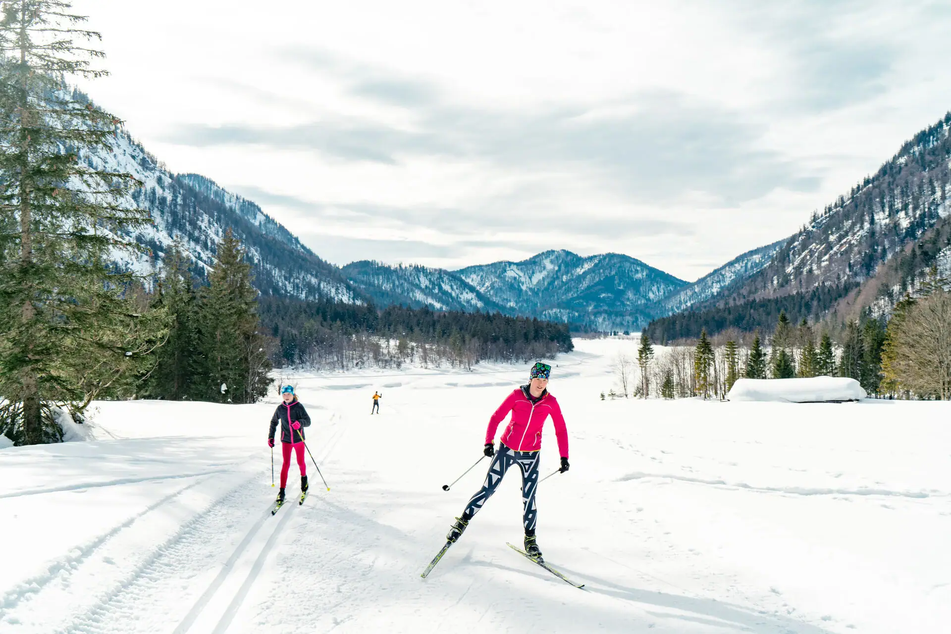 Eine Gruppe von Menschen beim Skifahren im Schnee.