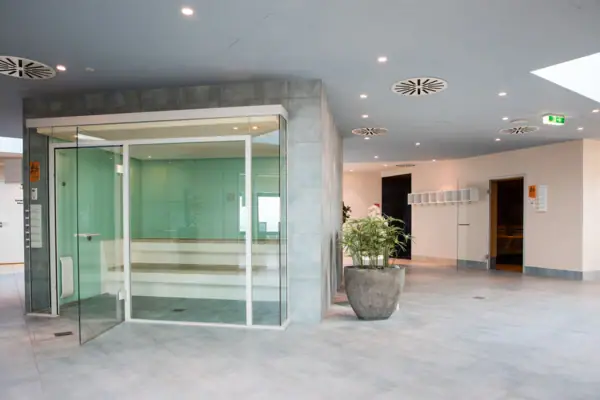 Glastür zum Dampfbad mit moderner Inneneinrichtung und Zimmerpflanze.