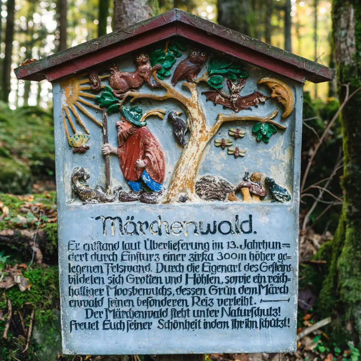 Märchnwald Ein Schild im Wald.