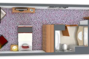 Grundriss Ein Zimmer mit einem Bett und einer Badewanne.