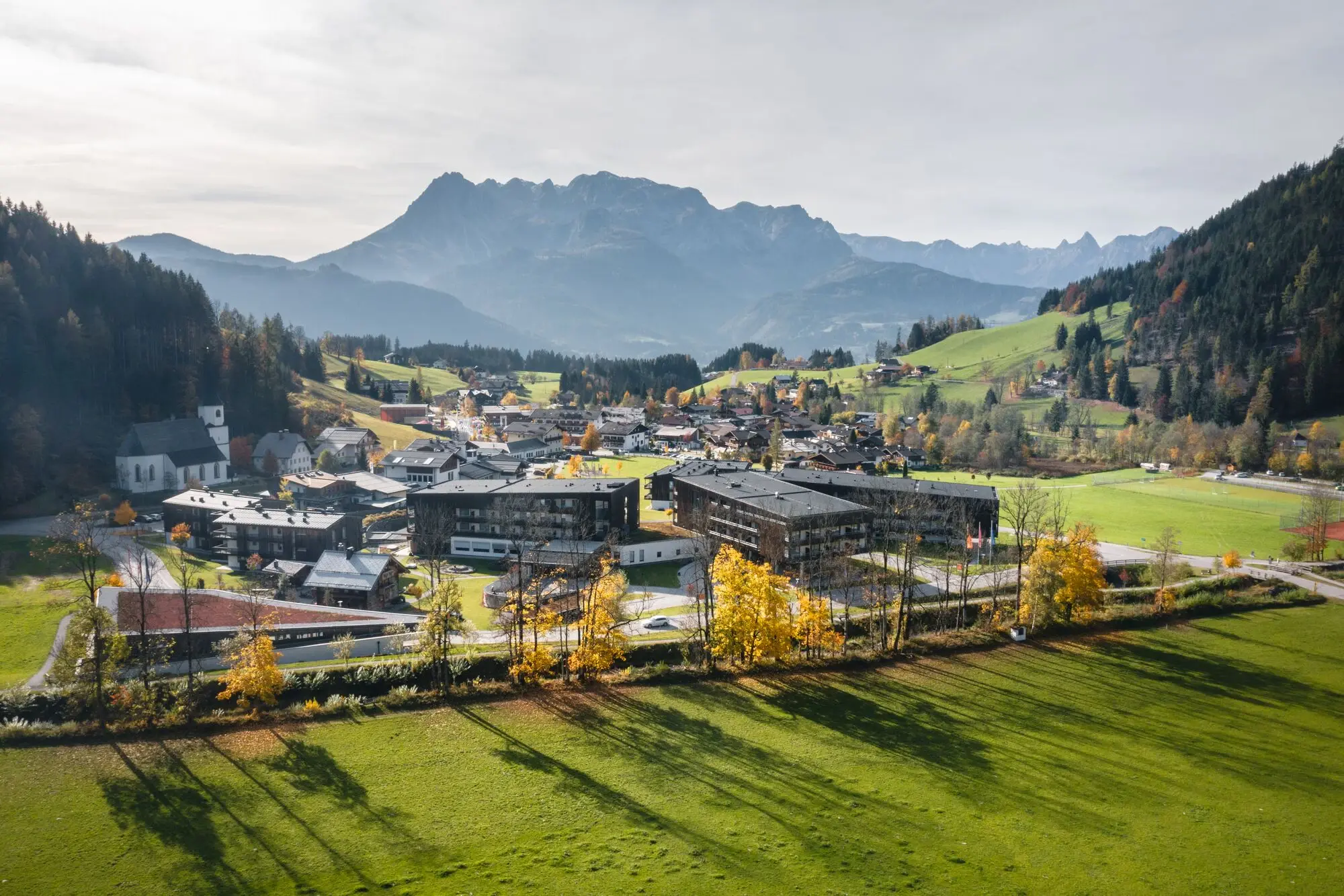 Bergresort Werfenweng Stadt mit vielen Gebäuden, umgeben von Gras und Bergen.