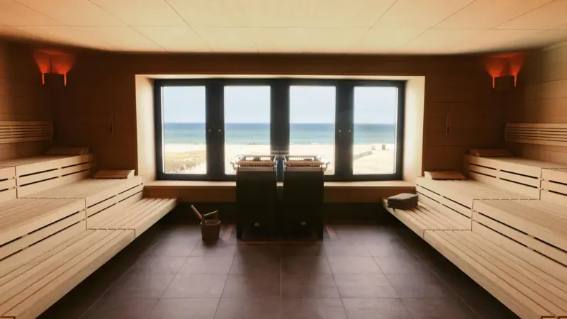 Eine Sauna mit Blick auf den Strand und die Ostsee.