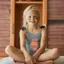 A girl in a swimsuit sits smiling on a bed in an interior room.