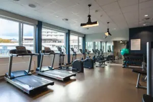 Ein Raum mit Fitnessgeräten, einschließlich eines Laufbands.