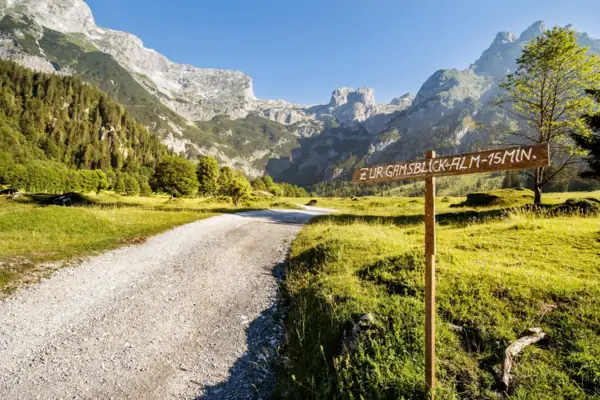 Schild auf einem Feldweg umgeben von Gras und Landschaft.