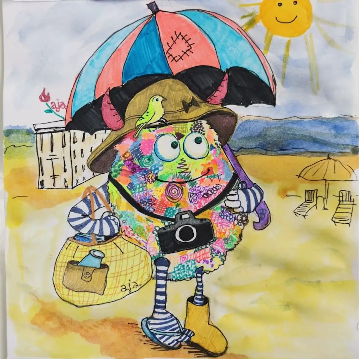 Ajon Eine Zeichnung einer Cartoonfigur am Strand.