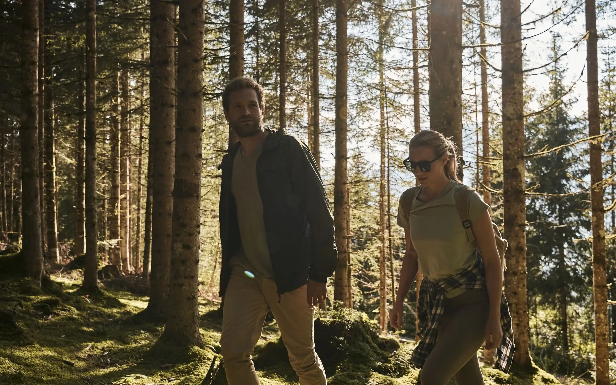 A man and a woman go for a walk in a coniferous forest.