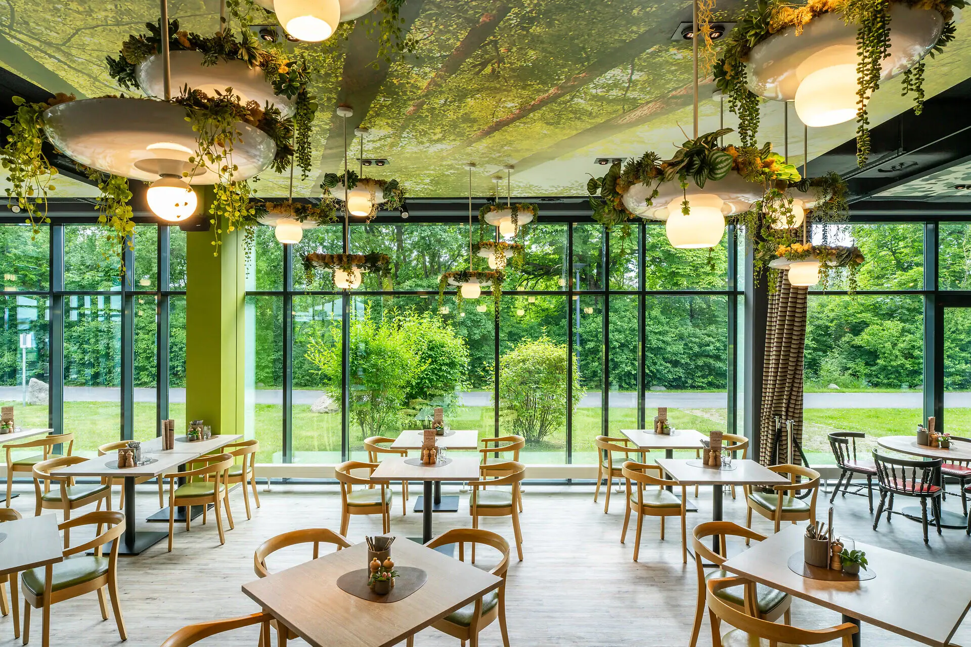 Ein Raum mit Tischen, Stühlen und Pflanzen, die von der Decke hängen.