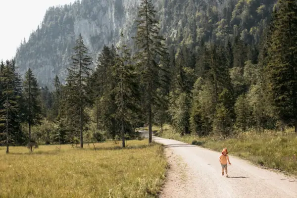 Ein Kind geht auf einem Feldweg, im Hintergrund sind Bäume und Berge zu sehen.