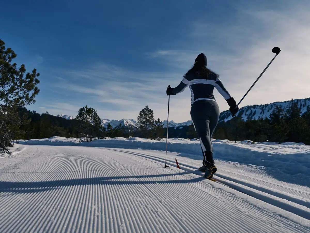 Eine Person auf Skiern auf einer verschneiten Straße.