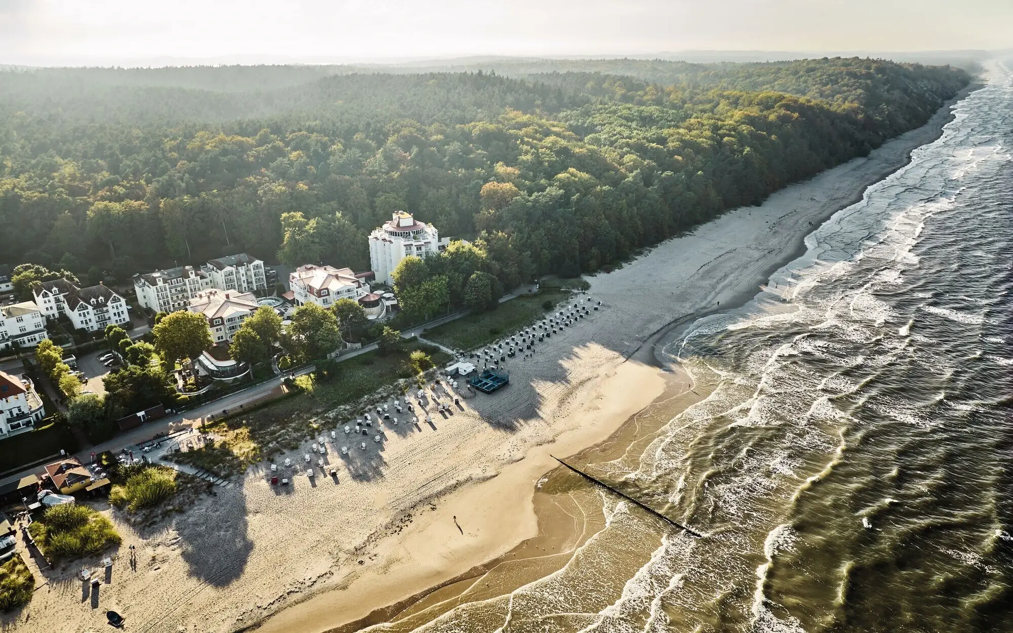 Strand mit Bäumen und Gebäuden aus der Vogelperspektive aufgenommen.