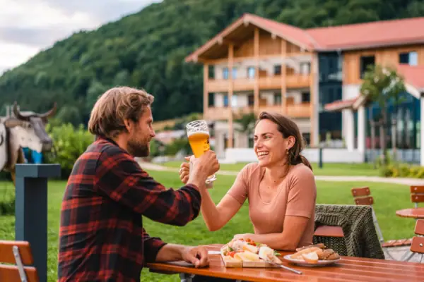 Biergarten im aja Ruhpolding Ein Mann und eine Frau sitzen an einem Tisch mit Essen und Getränken.
