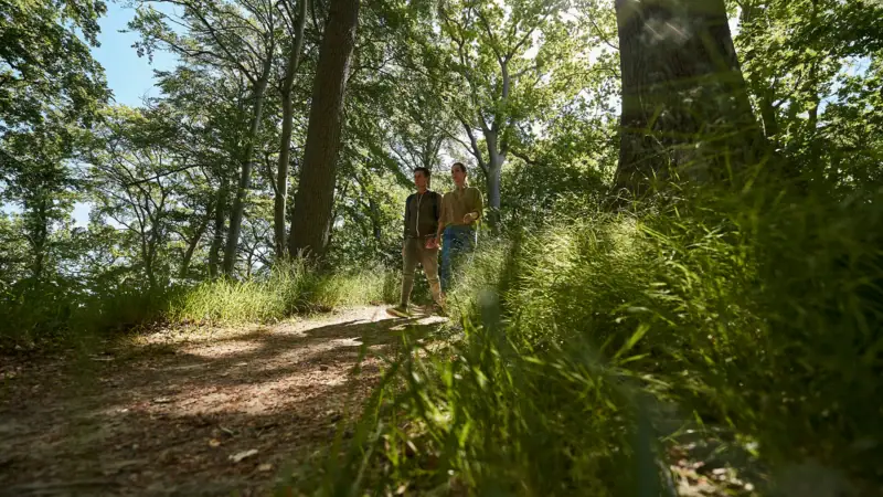 Wandern Zwei Personen stehen auf einem Weg im Wald.