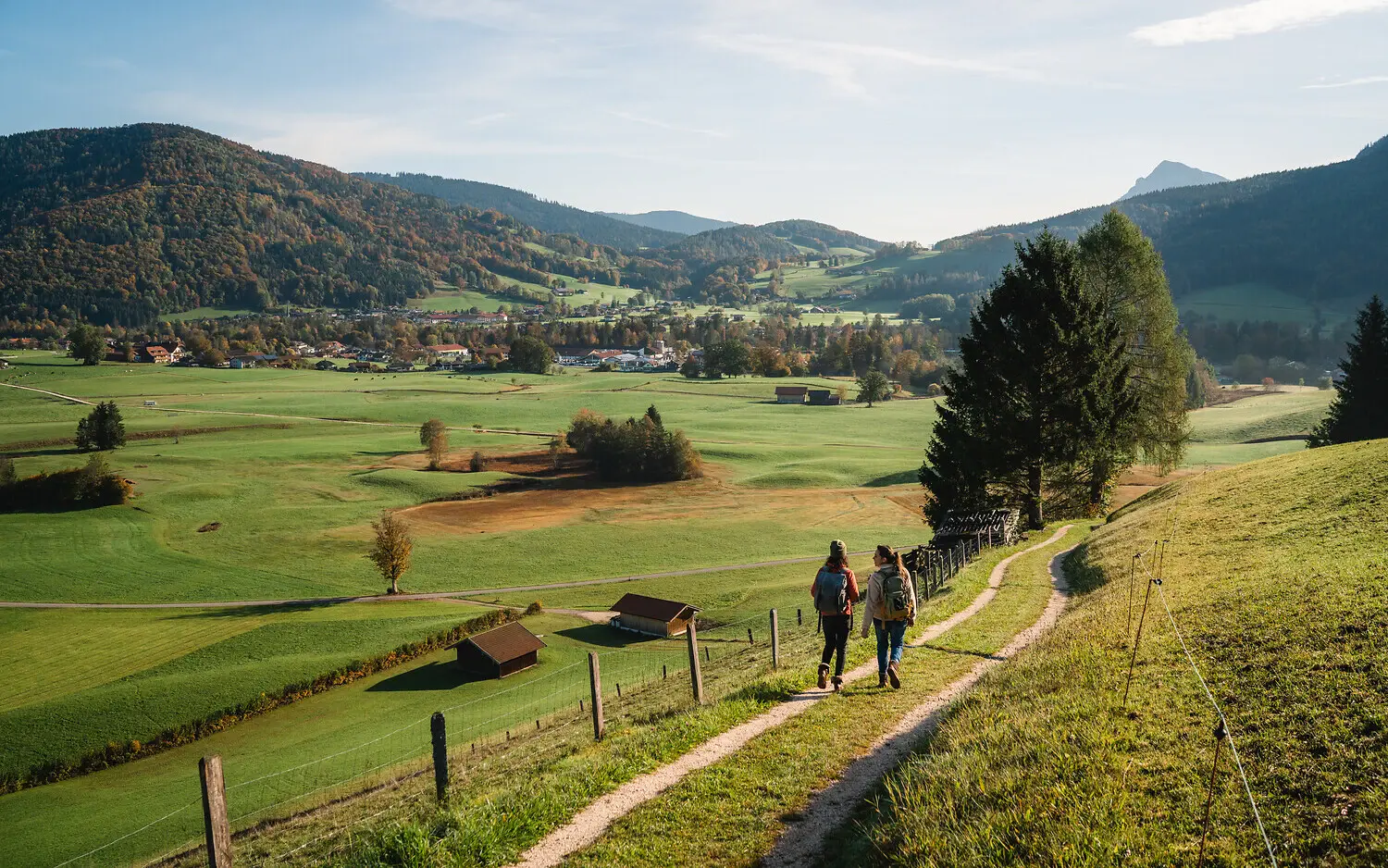 Zwei Personen gehen auf einem Weg in einer grünen Landschaft.