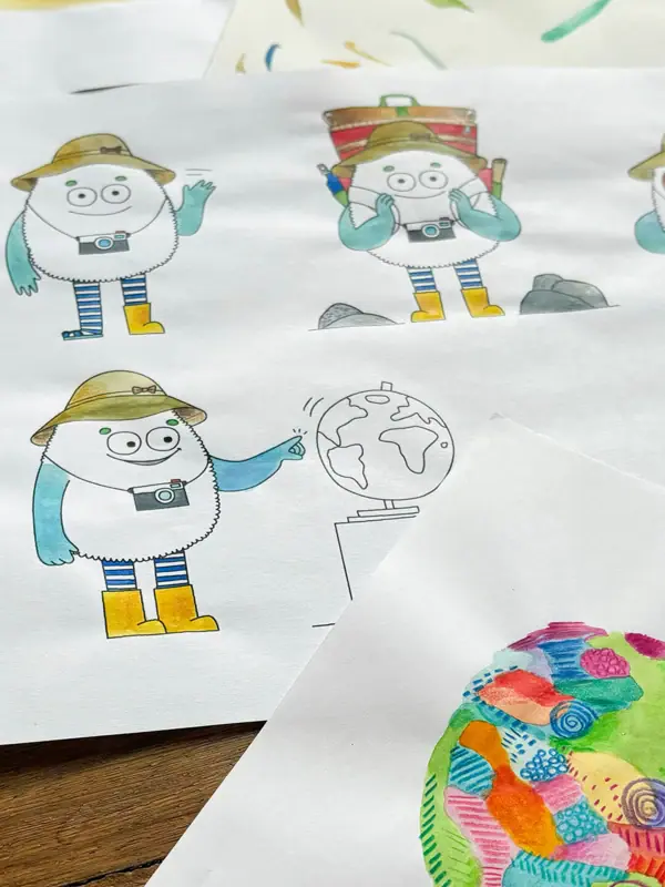 Illustration von Ajon Eine Gruppe von Kinderzeichnungen auf Papier.