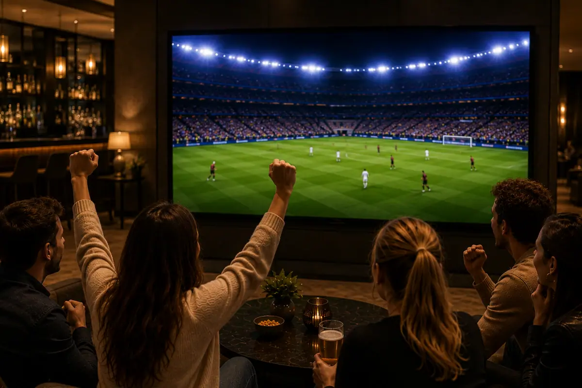 Eine Gruppe von Menschen sieht ein Fußballspiel im Fernsehen.