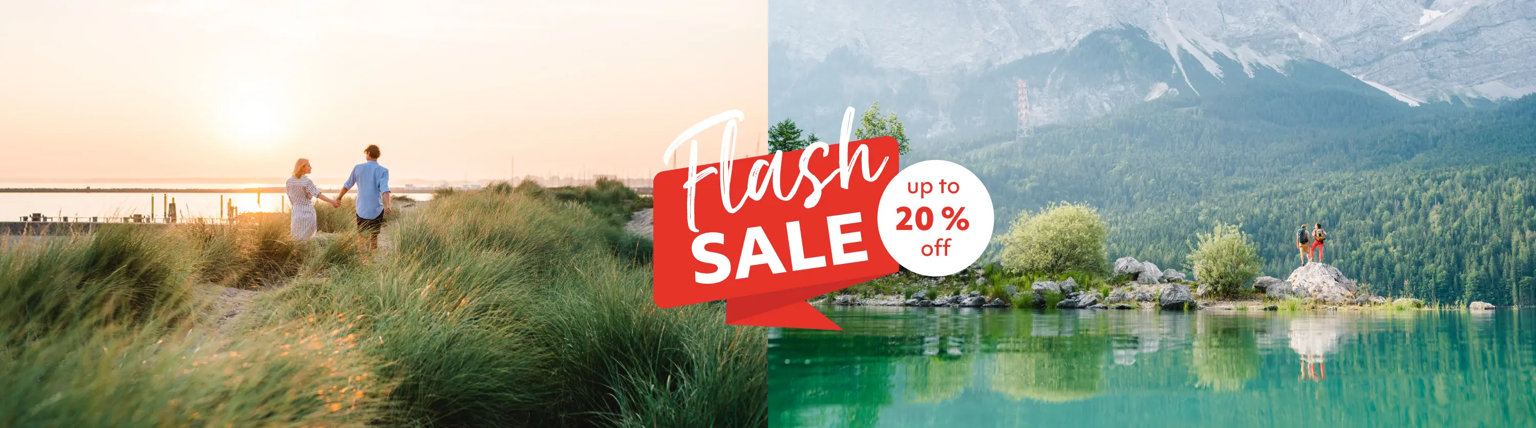 Sommer Flash Sale Collage eines Flusses und eines roten Schildes im Freien.