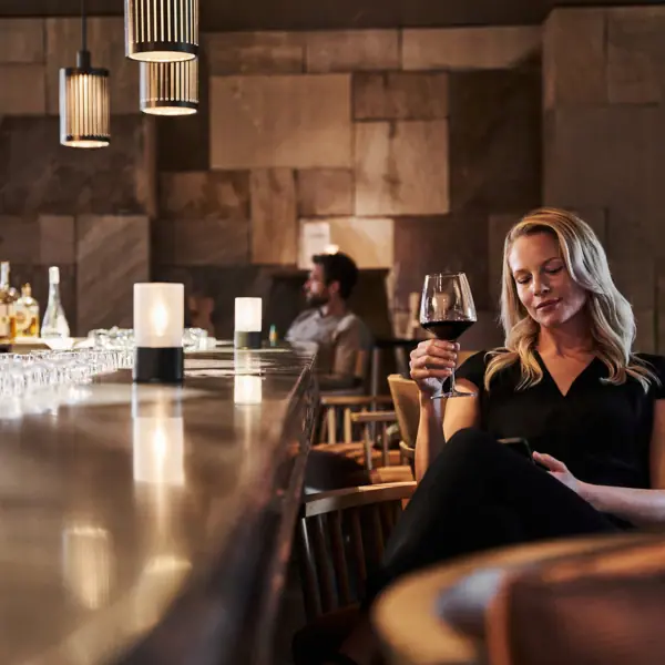 Eine Frau sitzt an einer Bar und hält ein Glas Wein.