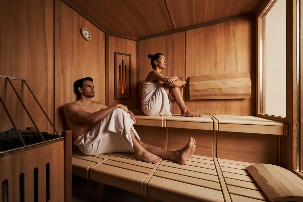 Ein Mann und eine Frau in einer Sauna.