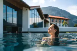 Eine Frau mit geschlossenen Augen im Schwimmbecken.