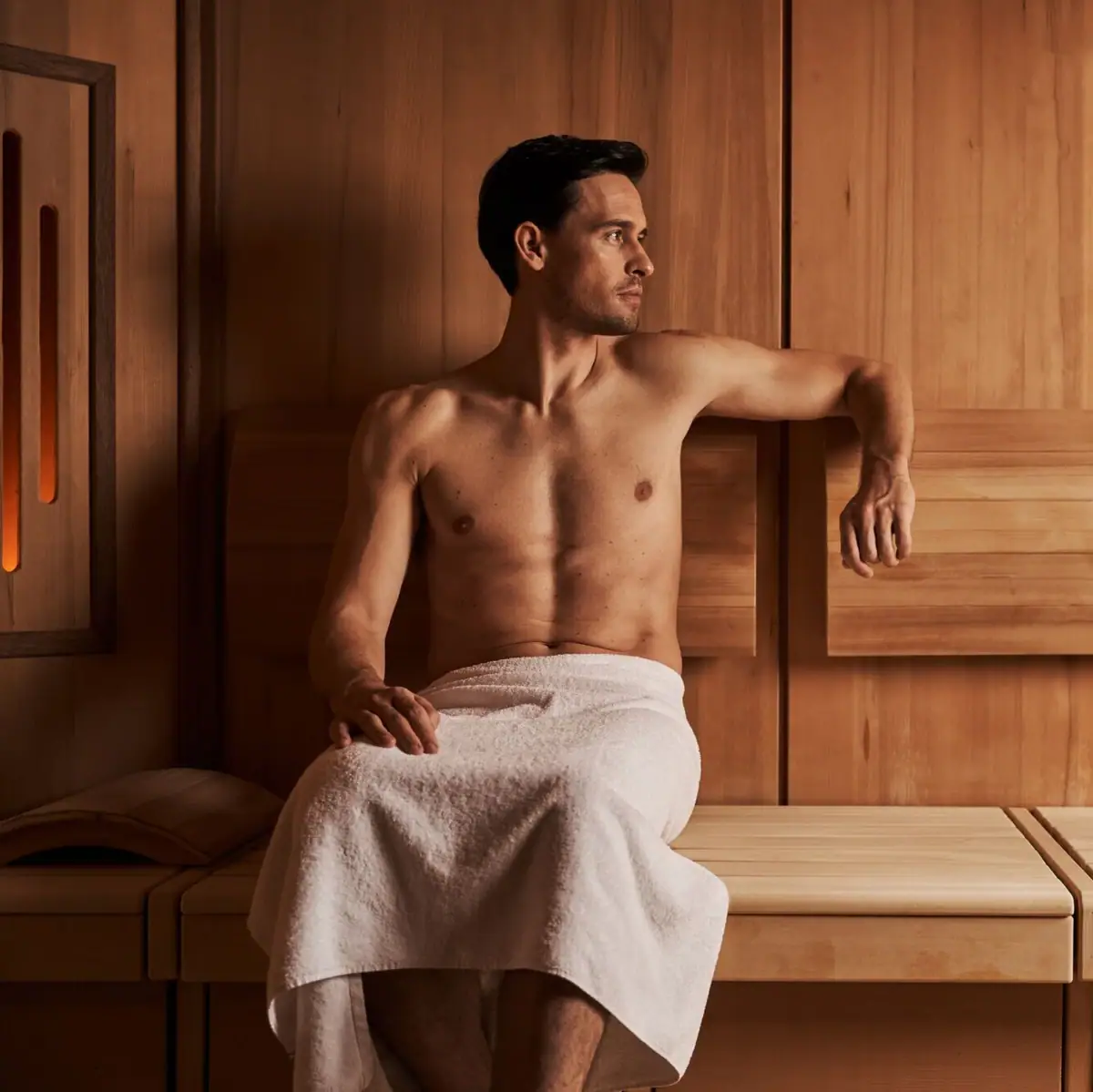 Ein Mann sitzt in einem Handtuch.