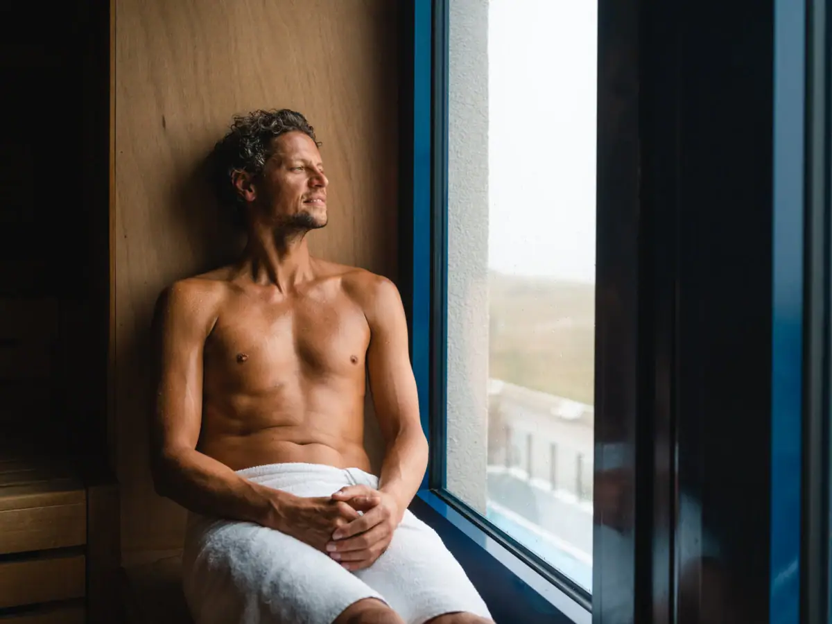 Sauna im aja Warnemünde Ein Mann sitzt auf einer Fensterbank in der Sauna.