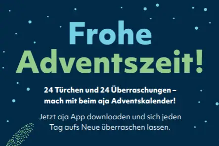 Adventskalender Blauer Hintergrund mit weißem Text und blauen Sternen.