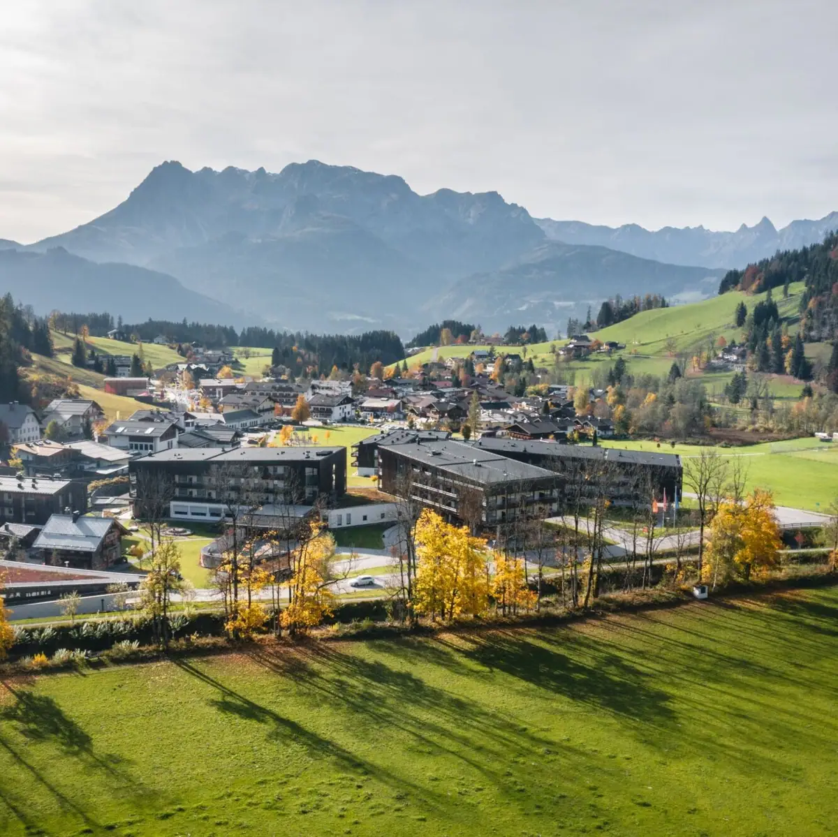 Stadt mit vielen Gebäuden, umgeben von grünen Wiesen und Bergen im Hintergrund.