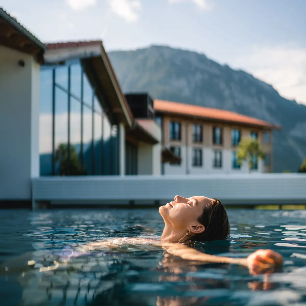 Außenpool im aja Ruhpolding Eine Frau schwimmt in einem Pool.