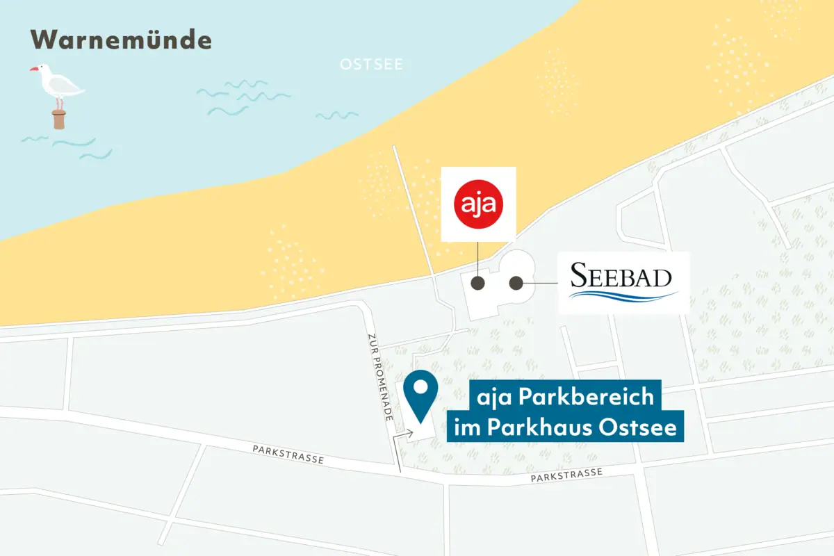 Karte eines Strandes mit markierten Bereichen und Beschriftungen.