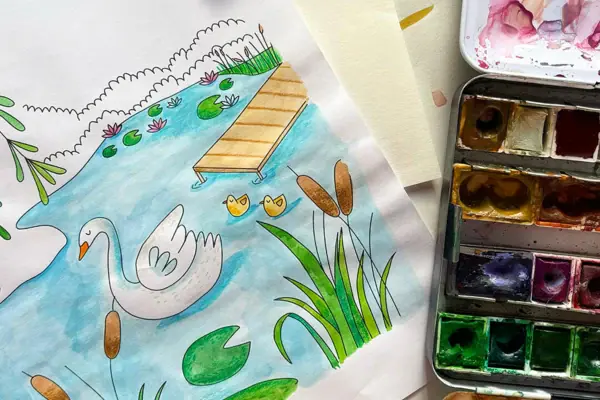 Illustration Kinderbuch Zeichnung und Pinsel auf einem Tisch, kindliche Kunst.