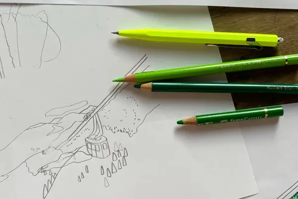 Illustration Eine Gruppe grüner Stifte und Kugelschreiber auf einem Blatt Papier.