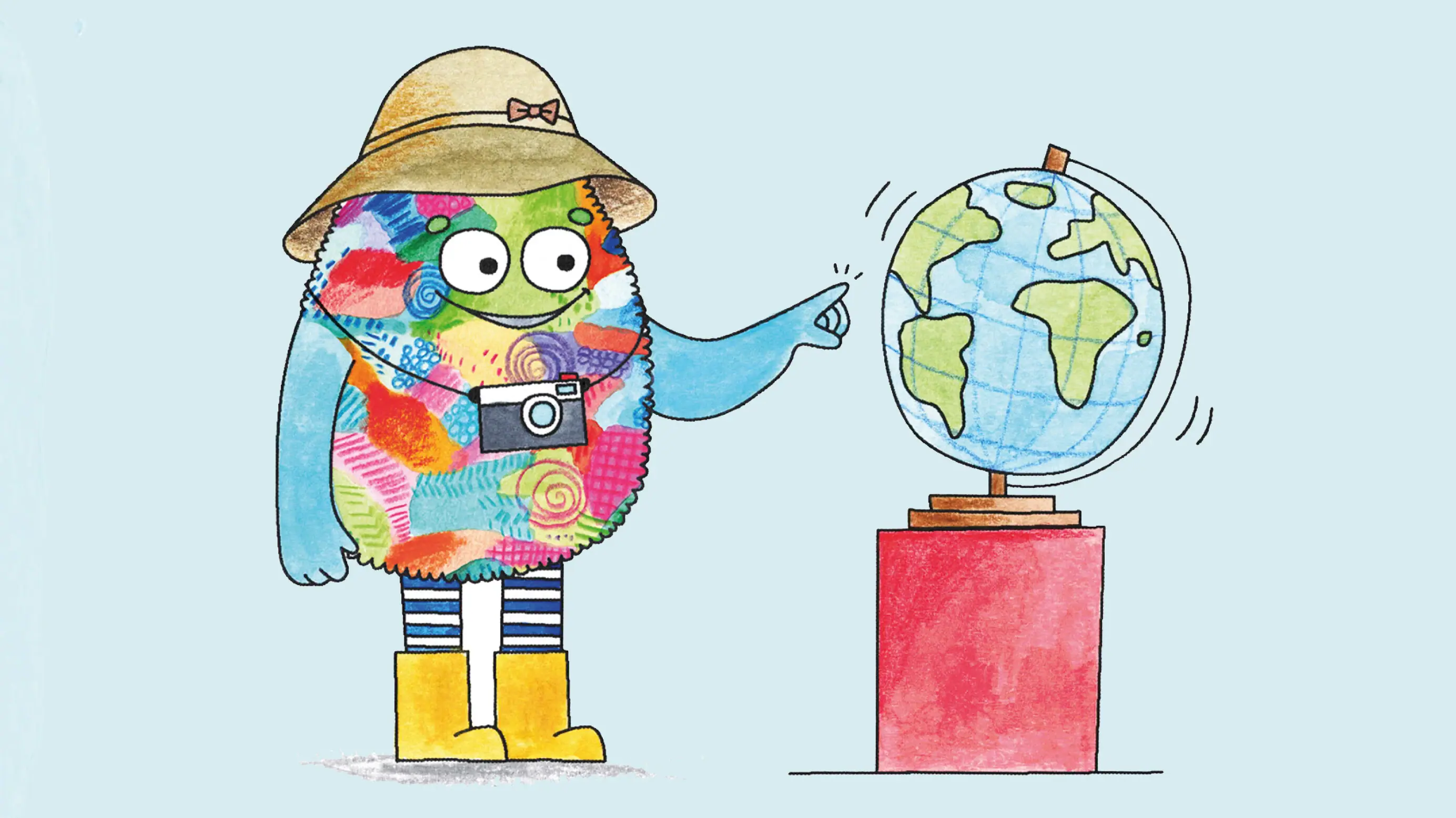 Ajon mit einer Weltkugel Ein Cartoon-Monster hält eine Kamera und eine Biene.