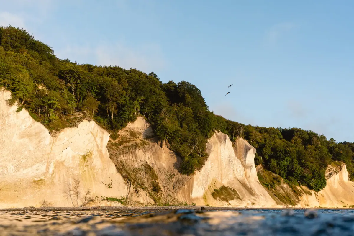Klippe mit Bäumen und Wasser im Vordergrund, Himmel im Hintergrund.