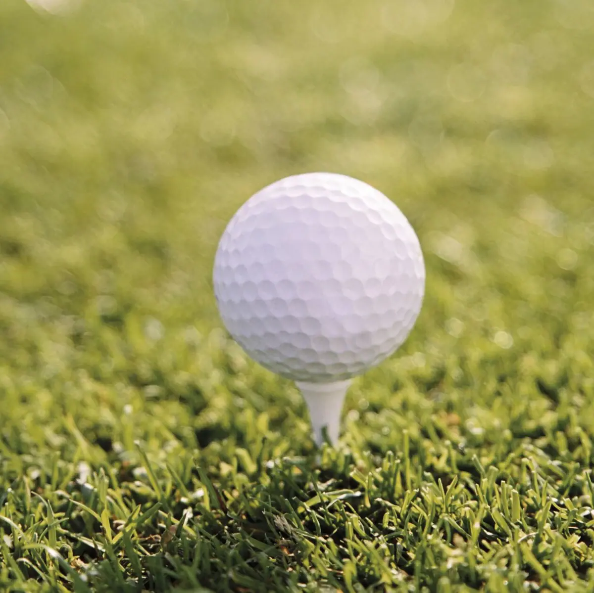 Golfball auf einem Tee im Gras auf einem Golfplatz.