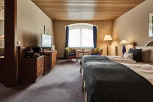 Zimmer mit Bett und Fernseher.