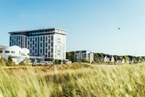 aja Warnemünde Ein hohes Grasfeld mit dem aja Warnemünde im Hintergrund.