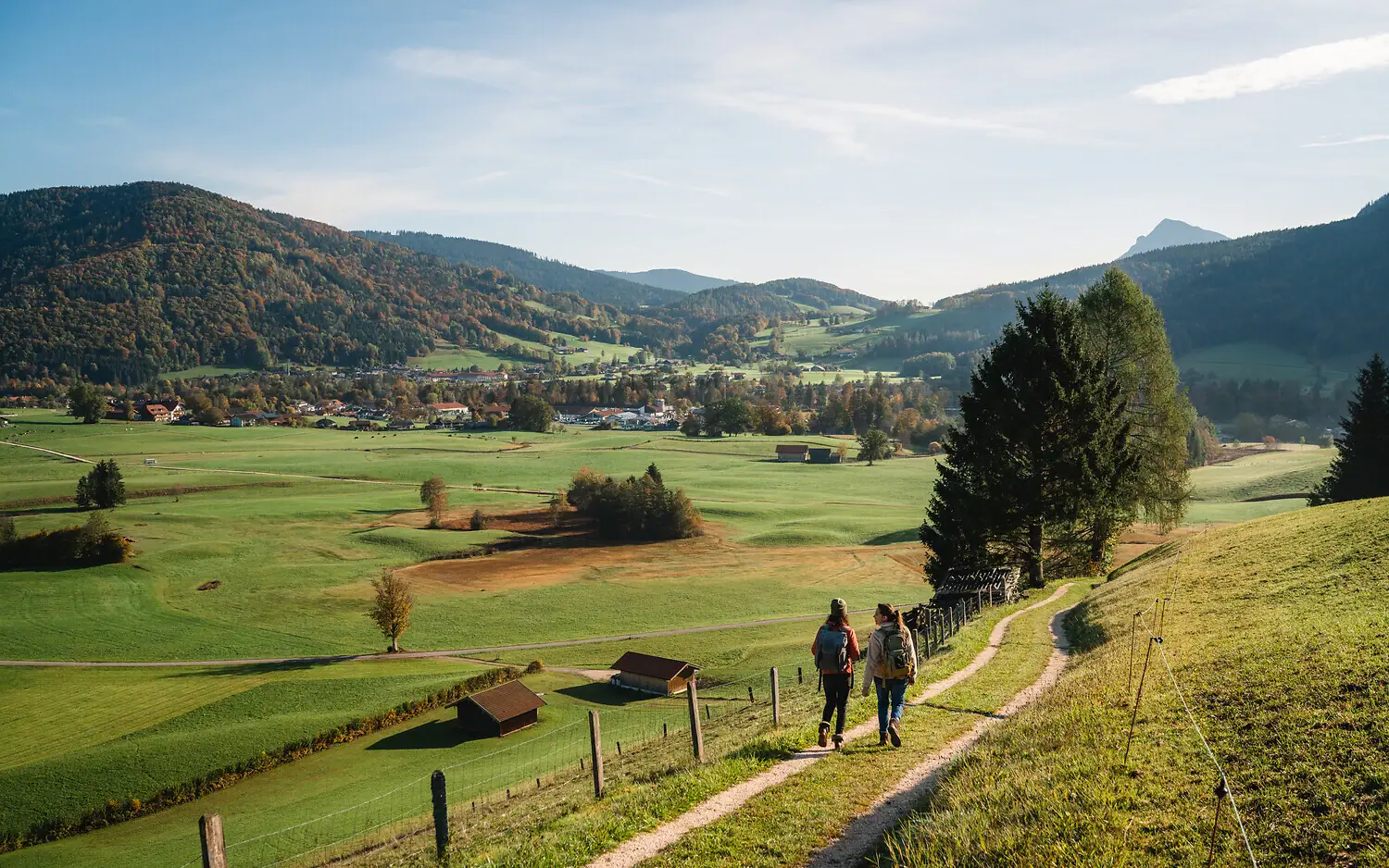 Zwei Personen gehen auf einem Weg in einer grasbewachsenen Gegend.