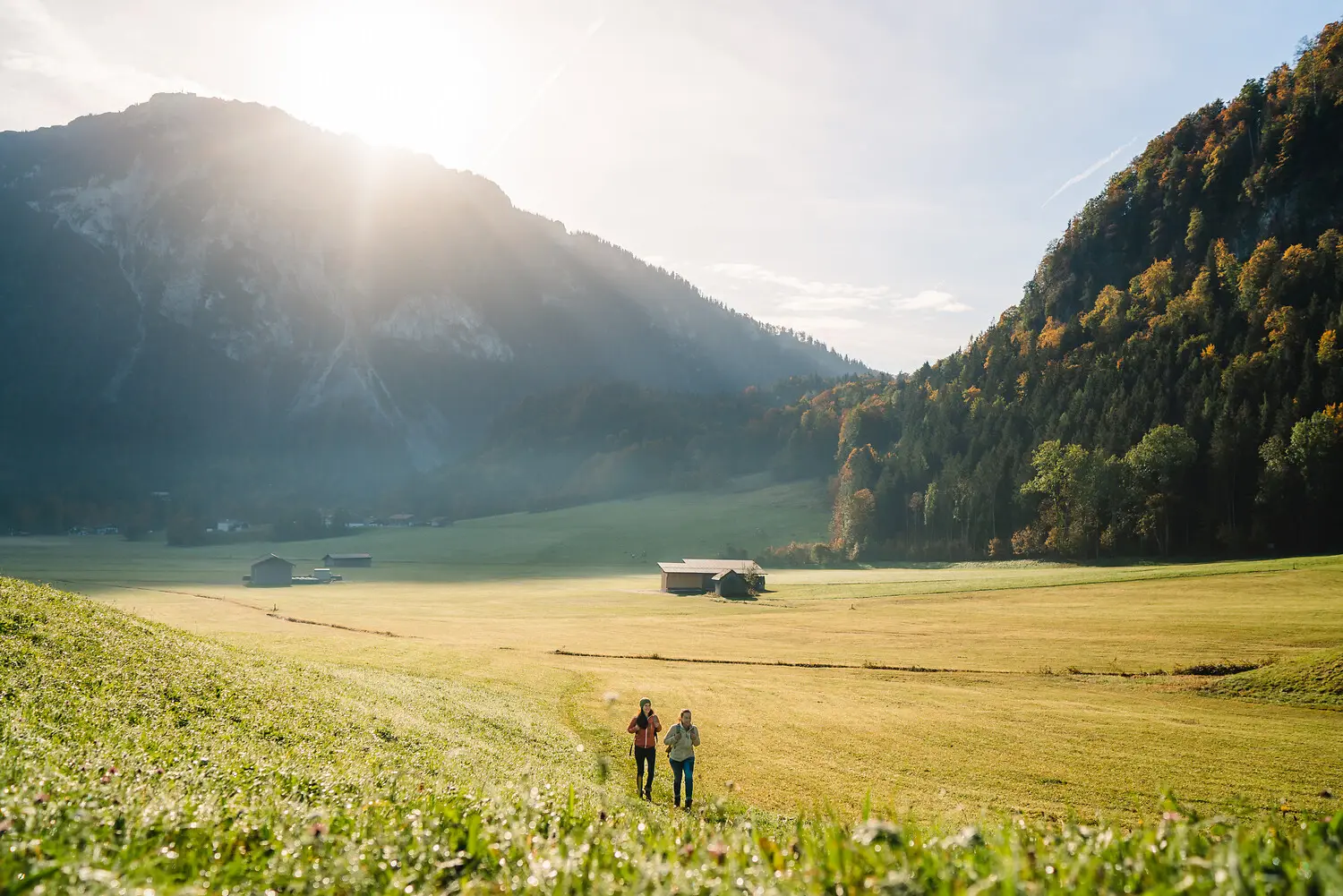 Personen laufen in einem Feld mit Bergen im Hintergrund.