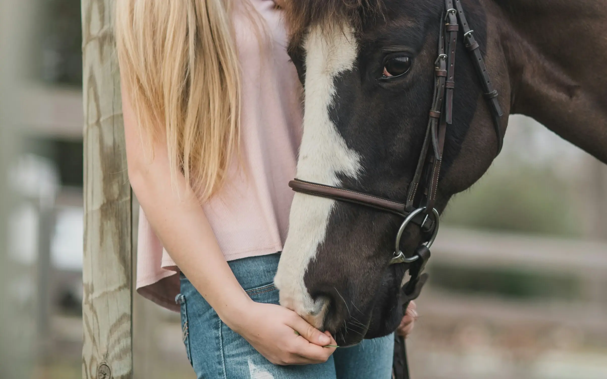 Ein Mädchen mit langen blonden Haaren umarmt den Kopf eines dunklen Ponys mit einer weißen Blesse.