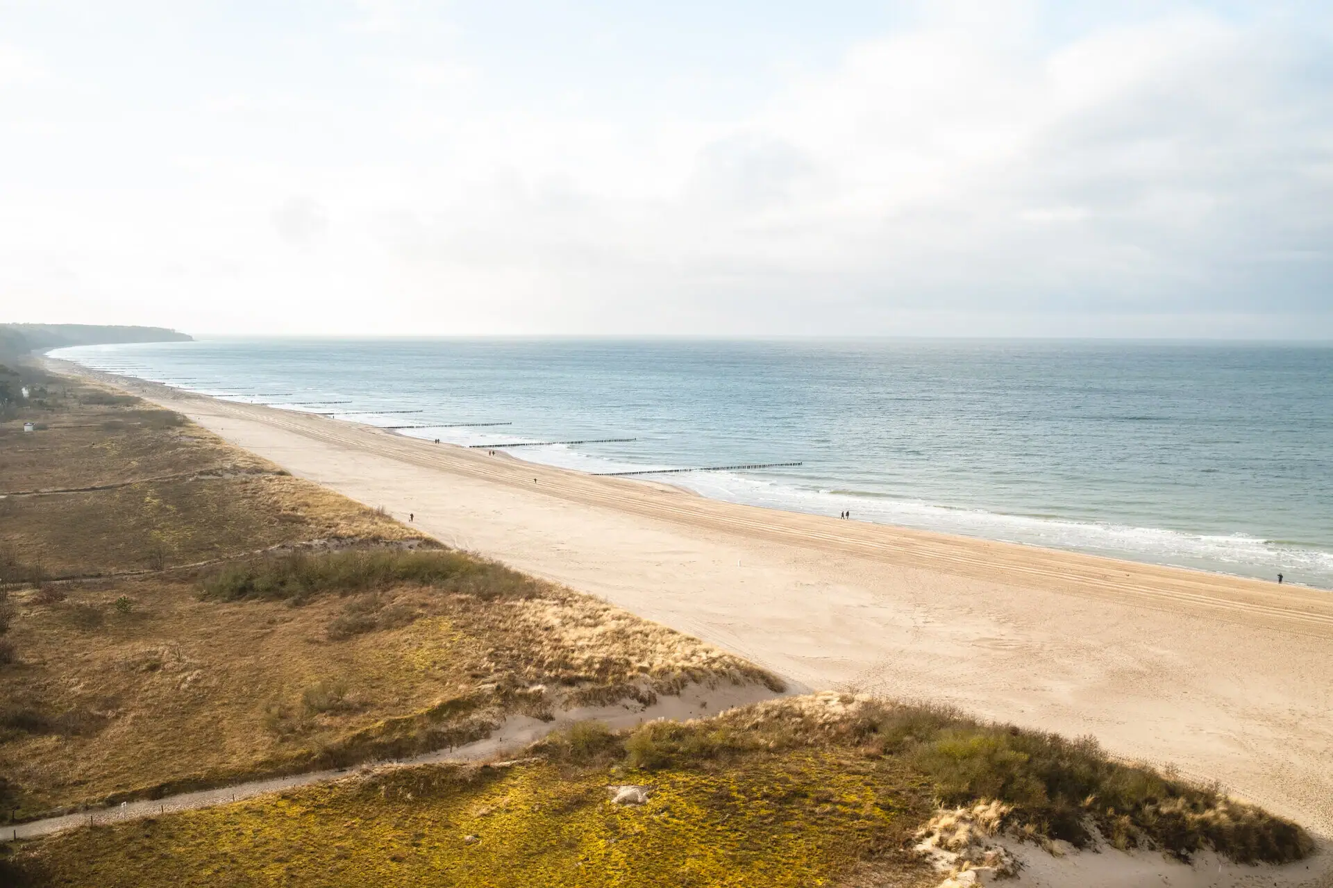 Strand Warnemünde Strand mit Gras und Sand unter bewölktem Himmel.