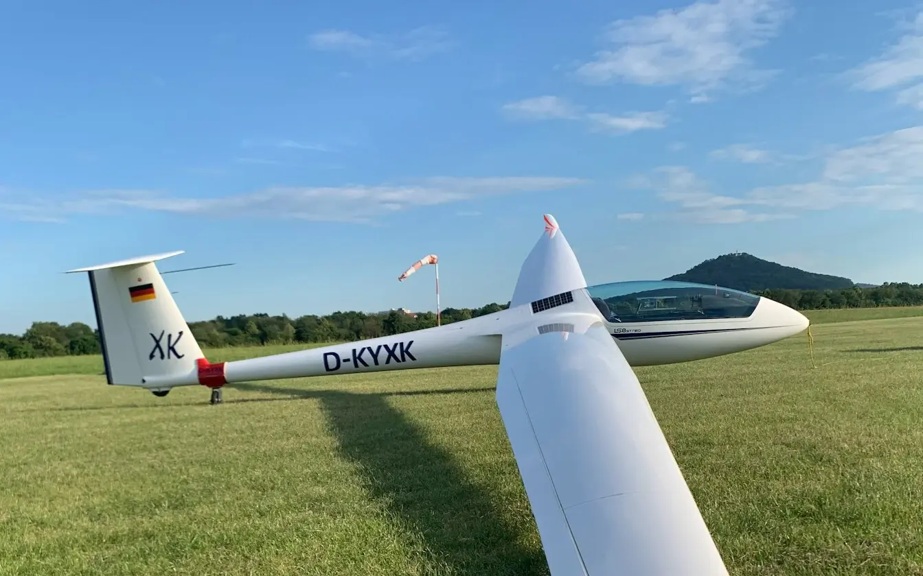 A glider is standing on grass.