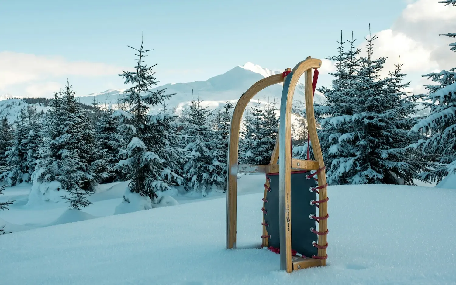 Ein Schlitten im Schnee mit Bäumen und Bergen im Hintergrund.