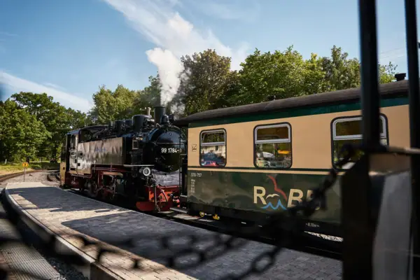 Rasender Roland Ein Zug auf den Gleisen unter freiem Himmel.
