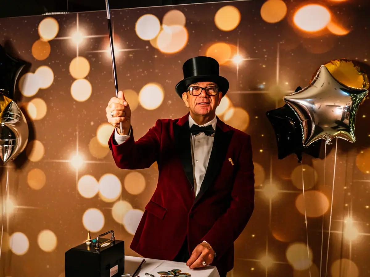 Ein Mann im roten Anzug und Zylinder hält einen Stock.